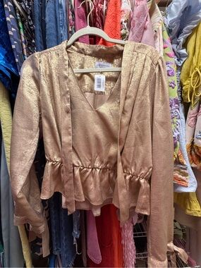 Lost + Wander Metallic Gold Peplum V-Neck Blouse (Pixie Dust Top)